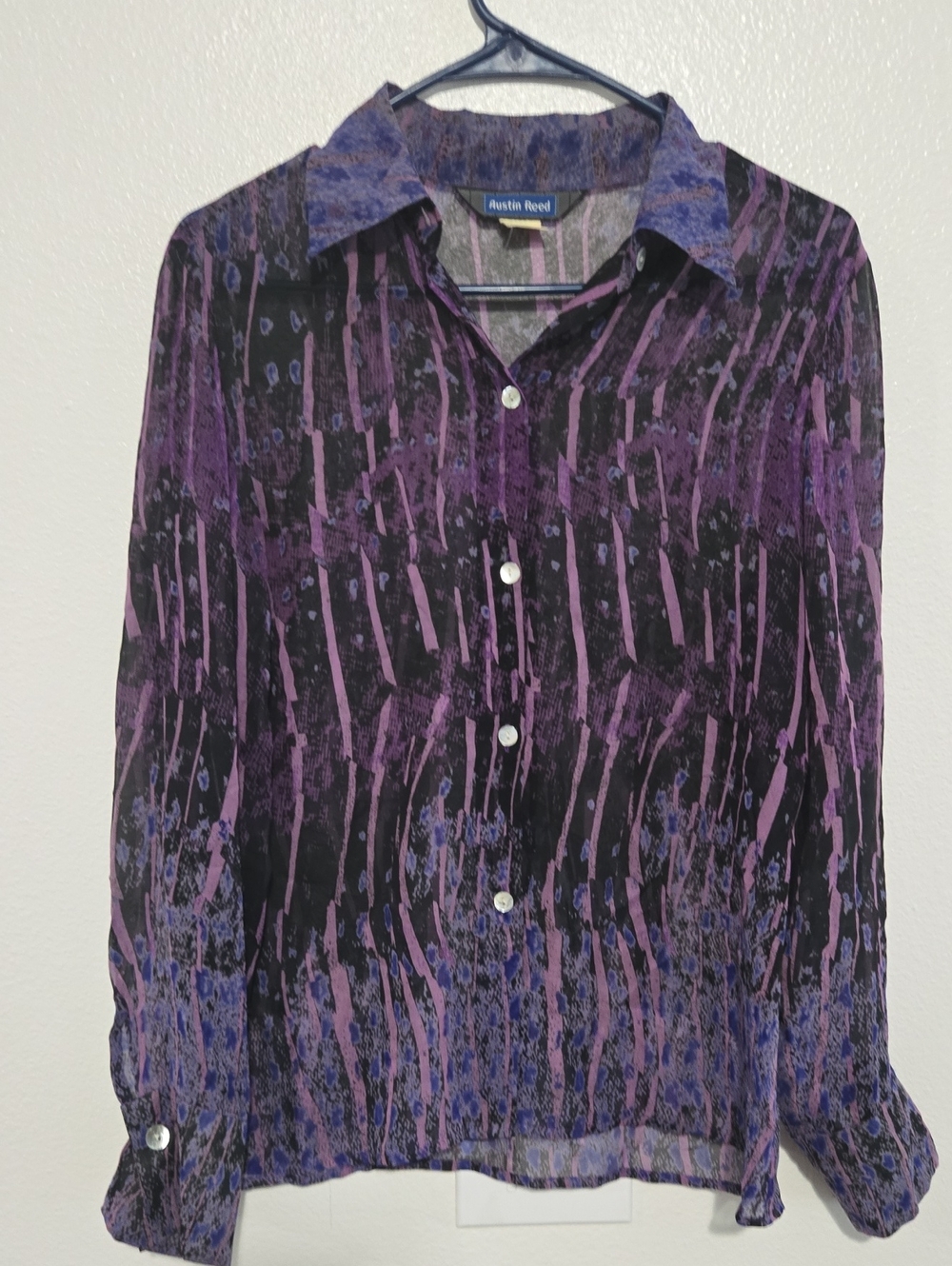 Austin Reed Black and Purple Abstract Sheer Button-Up Shirt